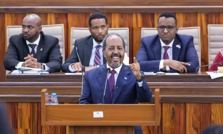 President Hassan confronting the Somali Parliament today.