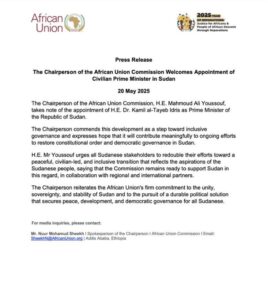 GrYLej5XMAAlNkz-268x300 The Chairperson of the African Union Commission  Welcomes Appointment of Civilian Prime Minister in Sudan.