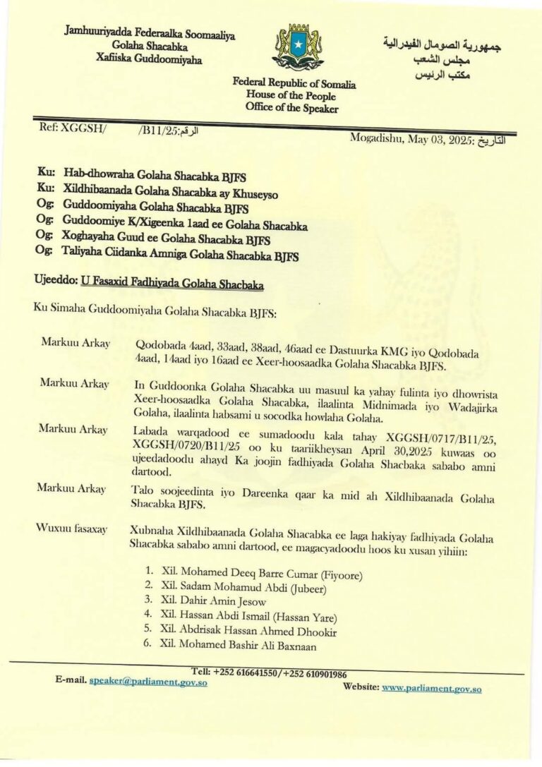 Warqad Kasoo Baxday Xafiiska Kusimaha Guddoomiyaha Golaha Shacabka oo Dib u Fasaxday Xildhibaanno Hakad Lagu Saaray
