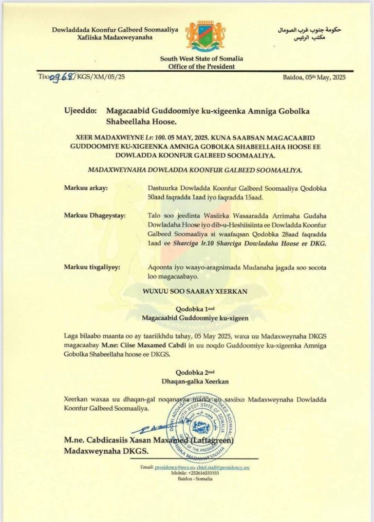 Madaxweynaha Koonfur Galbeed oo Magacaabay Guddoomiye Ku-xigeenka Amniga Gobolka Shabeellaha Hoose