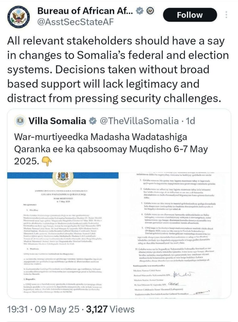 U.S. Rejects Outcomes of Somalia’s National Consultative Forum, Calls for Inclusive Dialogue