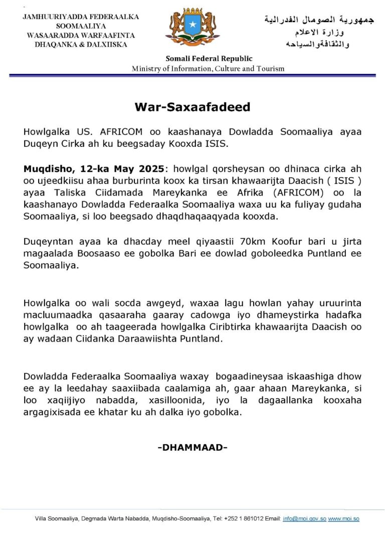 AFRICOM and Somali Government Conduct Targeted Airstrike Against ISIS Militants in Puntland