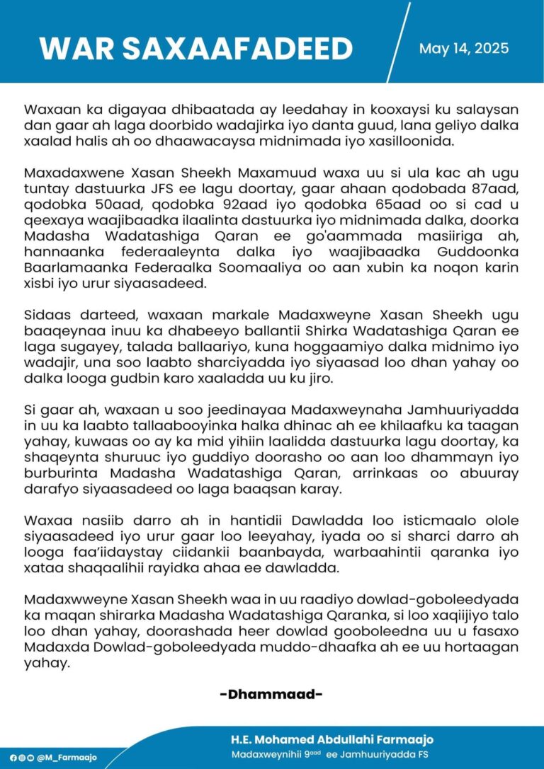 Madaxweynihii Hore Farmaajo oo Ka Digay Kooxaysiga Siyaasadeed iyo Inuu Dalka Galo Xaalad Khatar ah