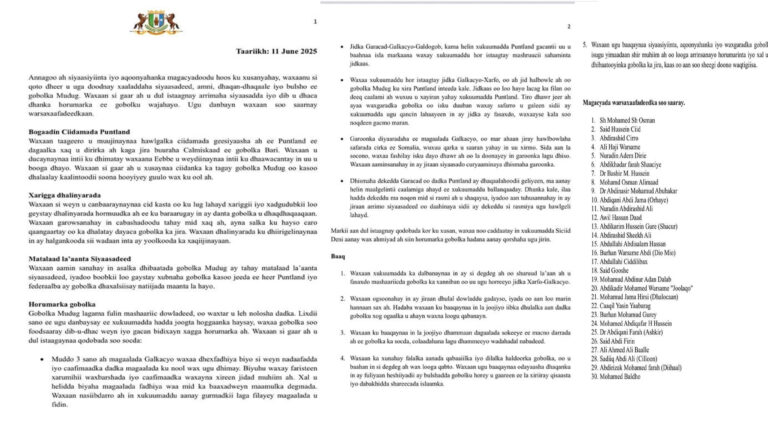 30 Siyaasiyiin ah oo ka tirsan Puntland oo Eedeyn culus u jeediyay Madaxweyne Deni – Iibka Dhulka Danta Guud iyo Hakaanka Mashaariicda Mudug