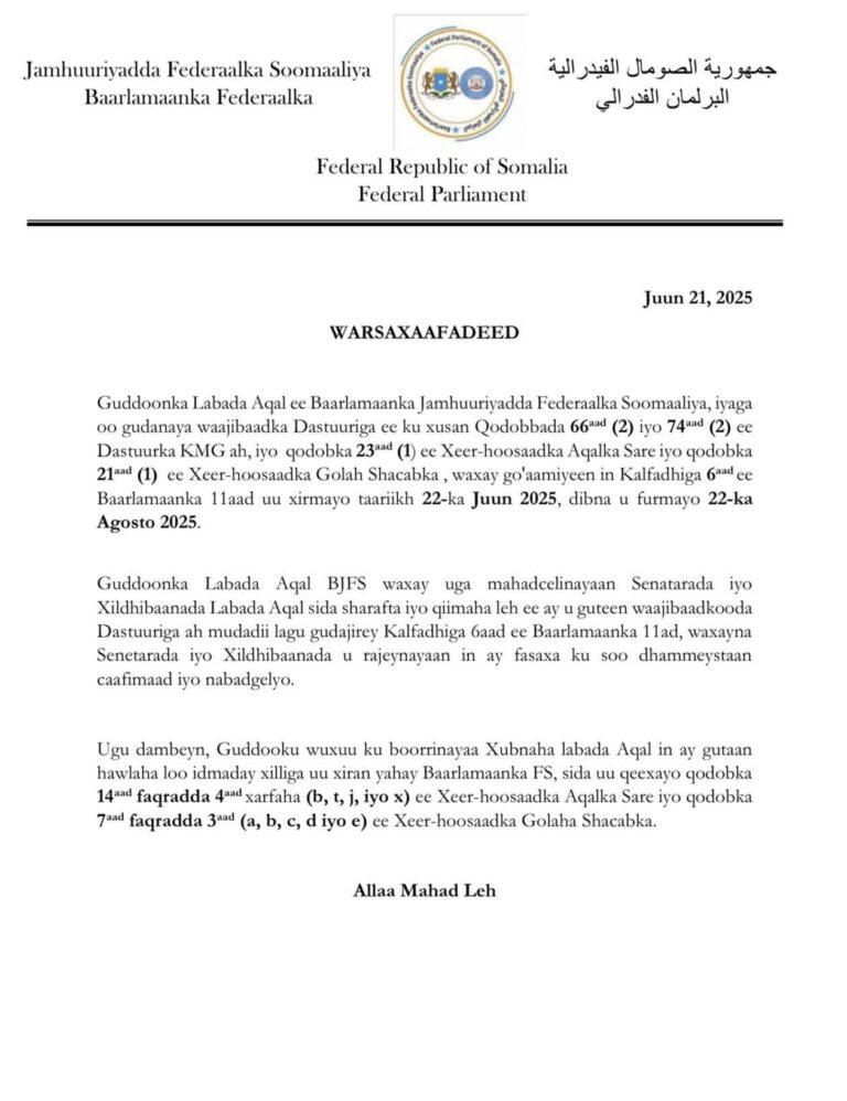 Federal Parliament of Somalia Officially Announces the Closure of Its 6th Session