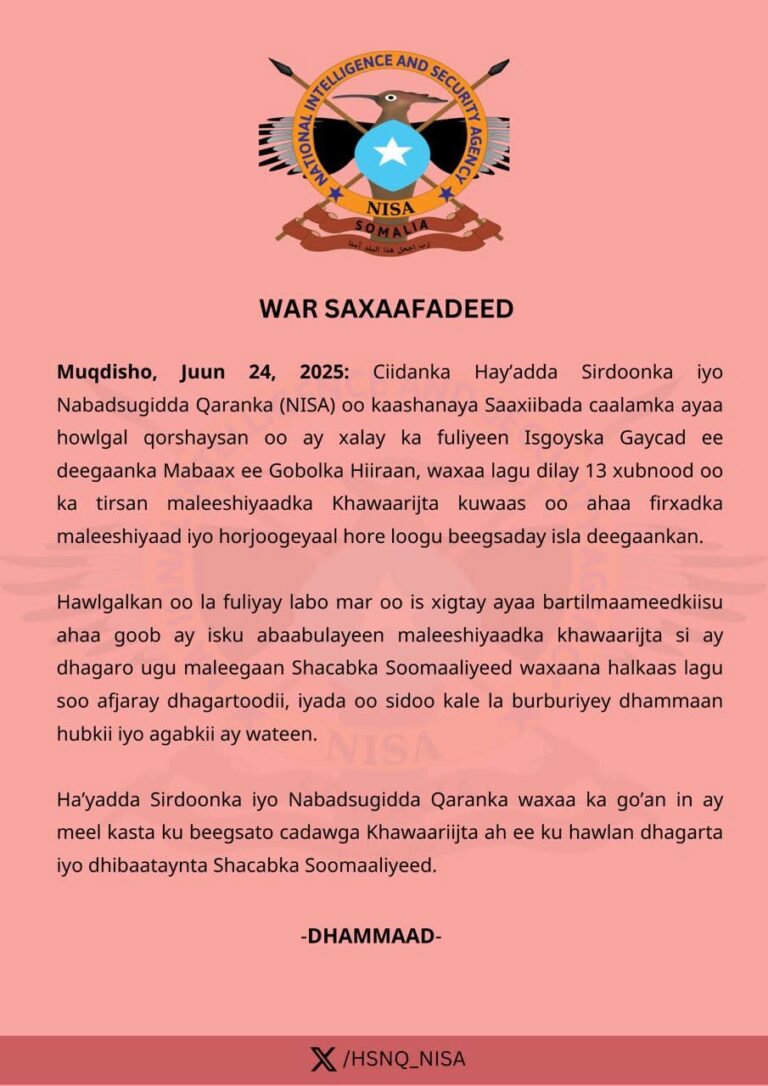 NISA Operation in Hiiraan Region Eliminates 13 Al-Shabaab Militants