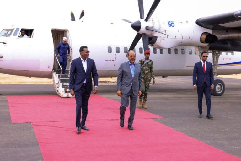President Hassan Sheikh arrives in Dhusamareb .
