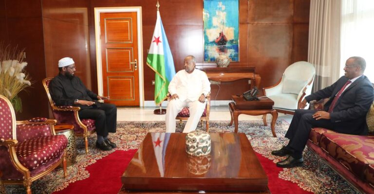 Somalia Religious Affairs Minister Sheikh Mukhtar Robow Meets Djibouti President Ismaïl Omar Guelleh.